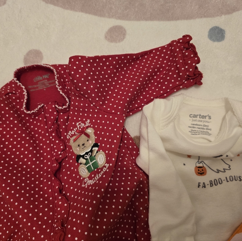 Carters Halloween outfit and Little Me Christmas outfit